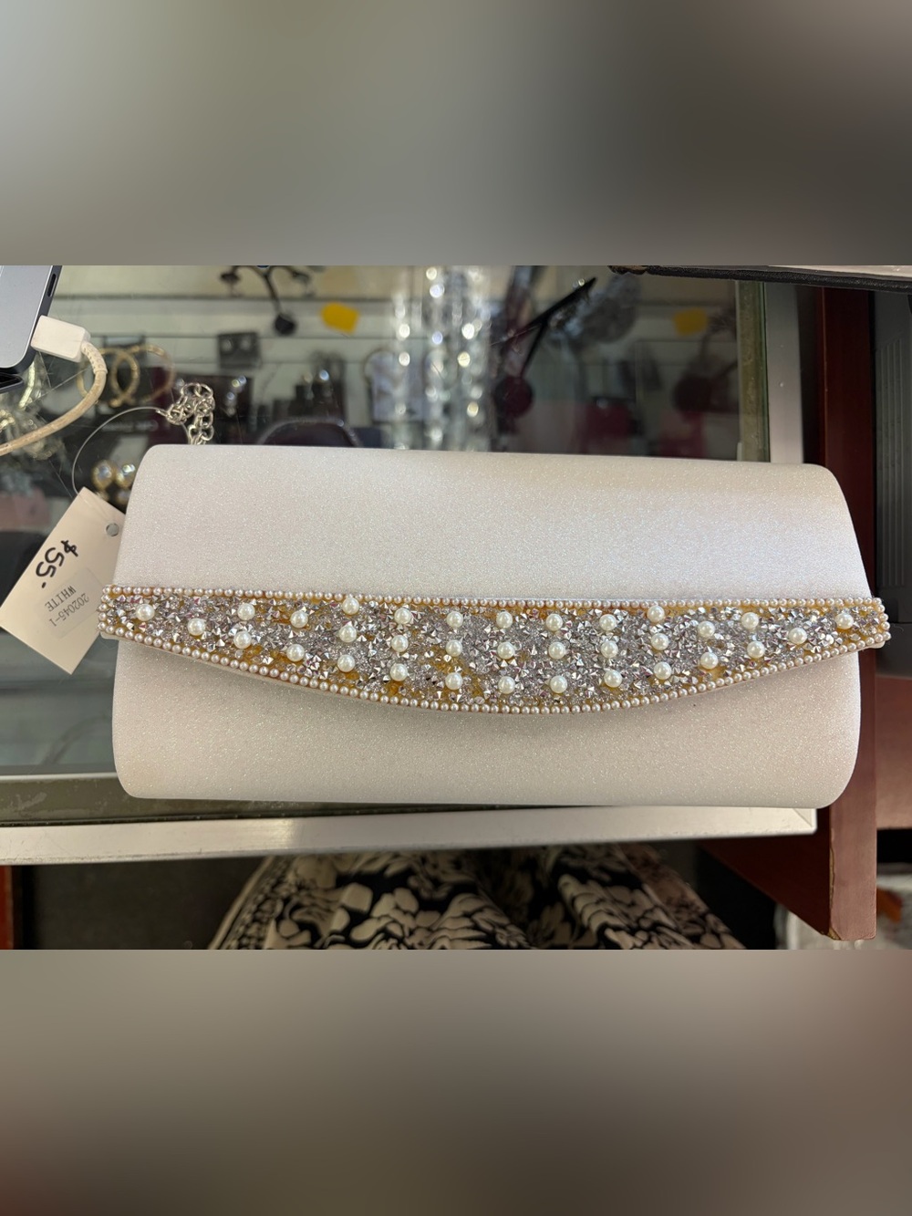 Elegant Pearl & Crystal Embellished Ivory Clutch